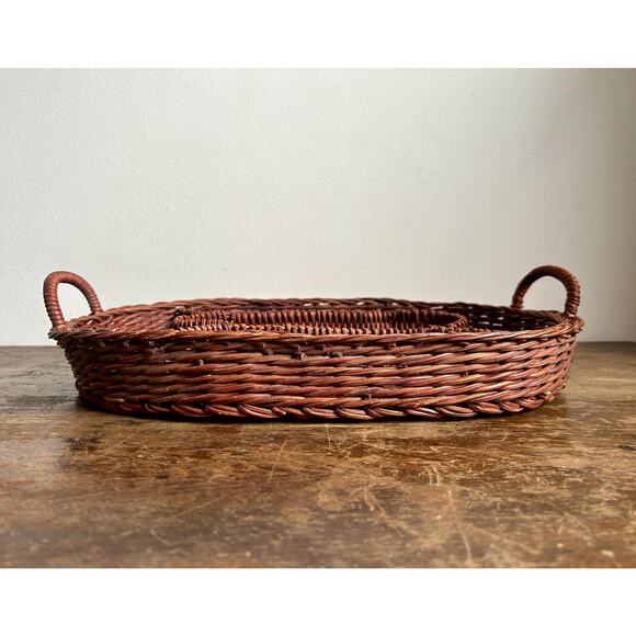 Vintage Brown Rattan Wicker Oval Divided Serving Tray with Handles - Picture 2 of 6
